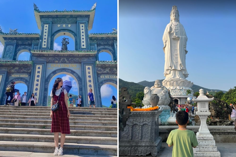 Check-in trước cổng chùa sừng sững và tượng Phật Bà Quan Âm